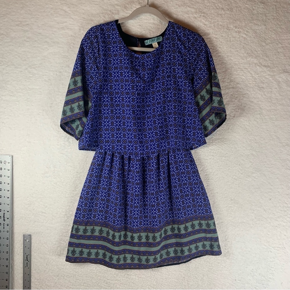 Dina Be Cape Dress Lined Blue‎ Pattern Boho Size Medium 5963